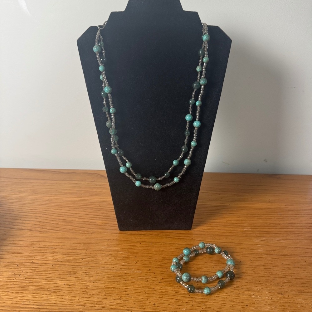 Teal Magnesite Beaded Double Strand Necklace & Bracelet‎ Silver Chain handmade